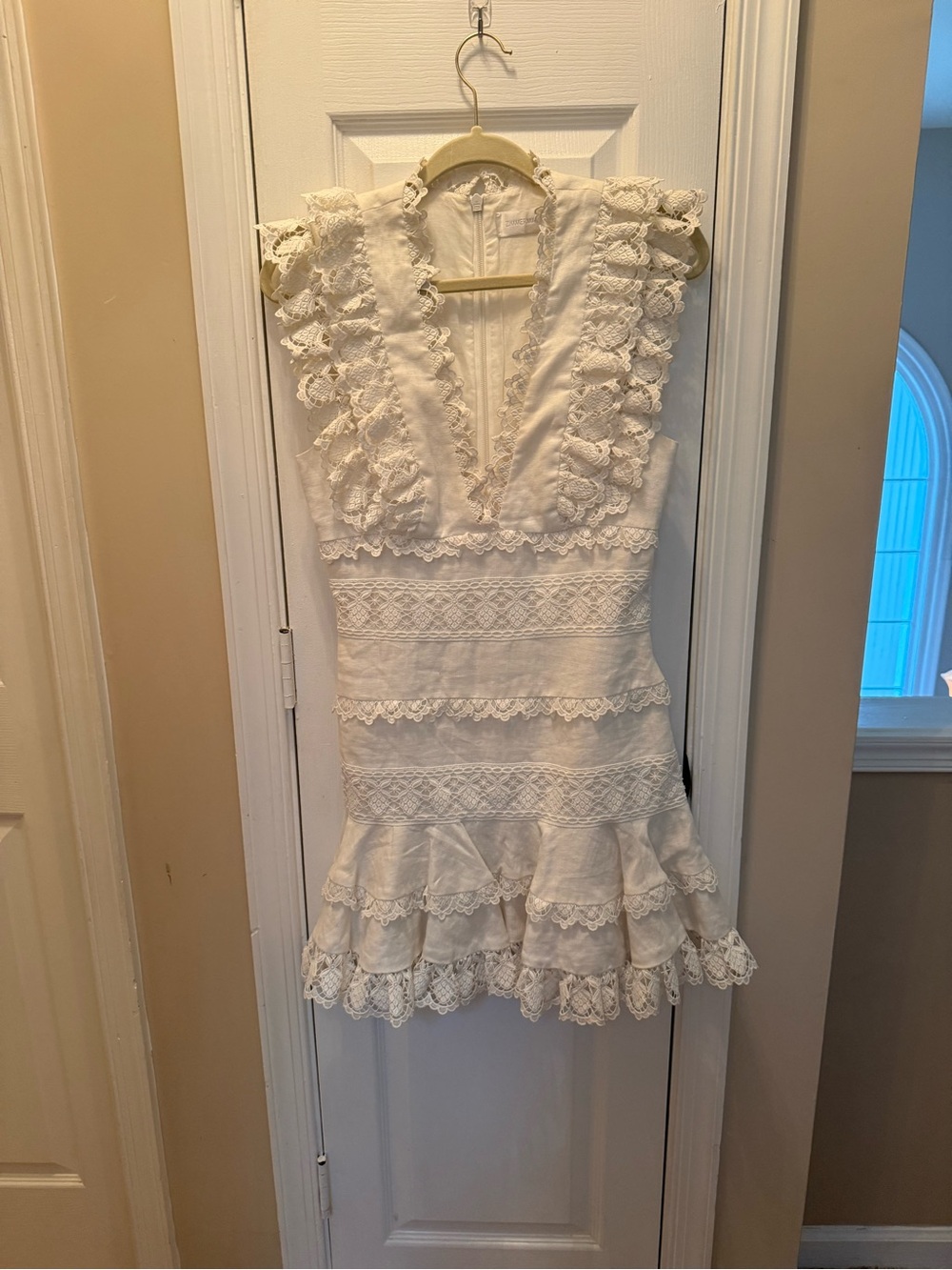 Zimmermann Ivory Lace Ruffle V-Neck Mini Dress